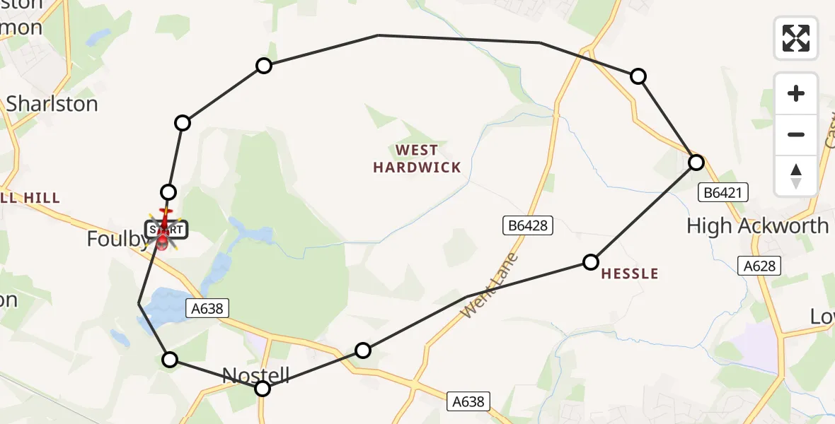 Flight route Air Ambulance Helicopter YAA Nostell Helicopter Port - YAA Nostell Helicopter Port, 30 June 2026, 10:16