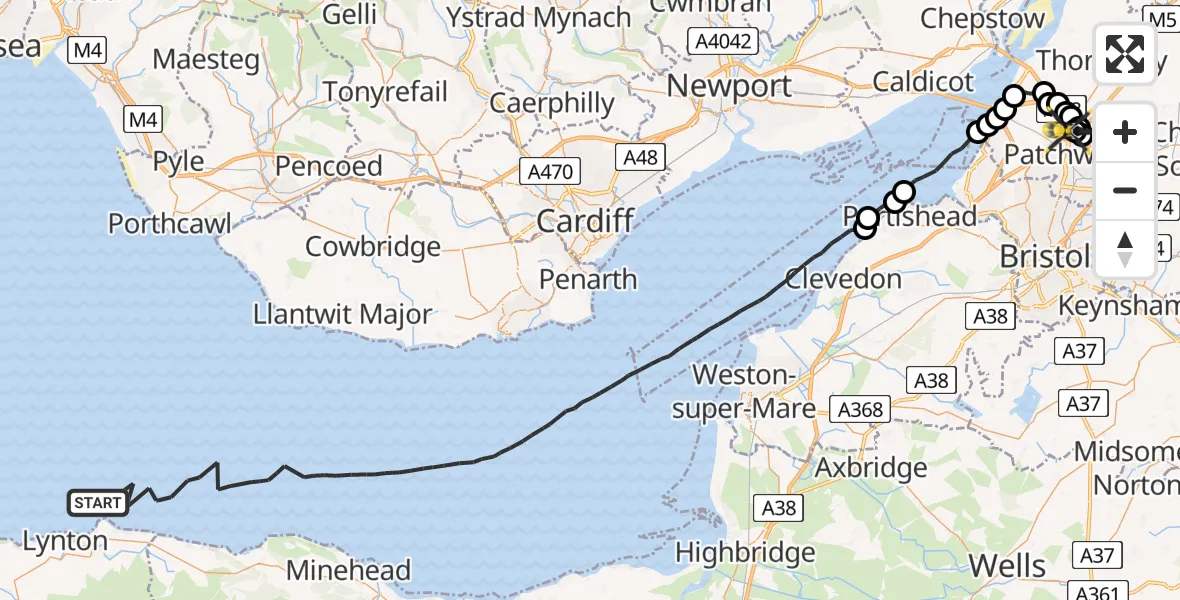 Flight route Police Helicopter Bristol Channel - Almondsbury Helicopter Base, 30 June 2026, 10:17