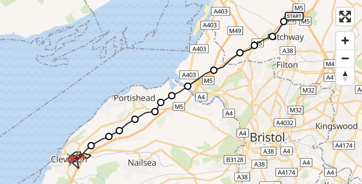 Flight route Air Ambulance Helicopter Almondsbury Helicopter Base - Clevedon, 30 June 2026, 10:21