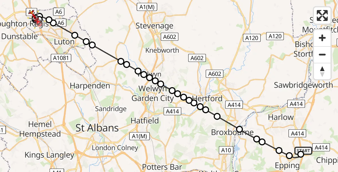 Flight route Air Ambulance Helicopter North Weald Airfield - Houghton Regis, 30 June 2026, 10:22