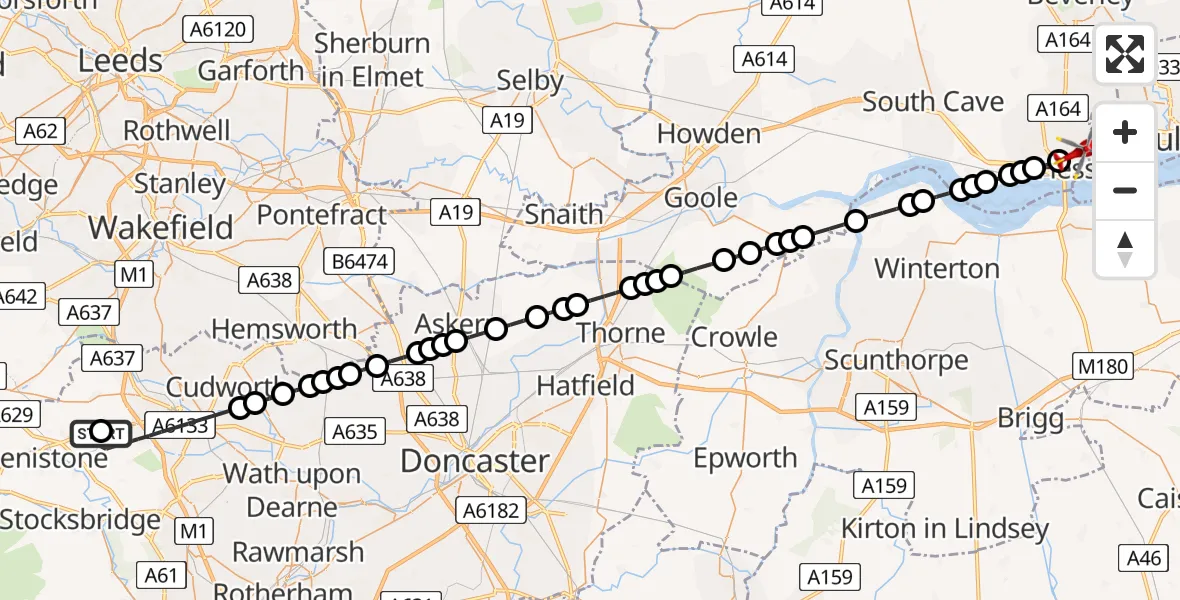 Flight route Air Ambulance Helicopter Barnsley - Hessle, 30 June 2026, 10:27