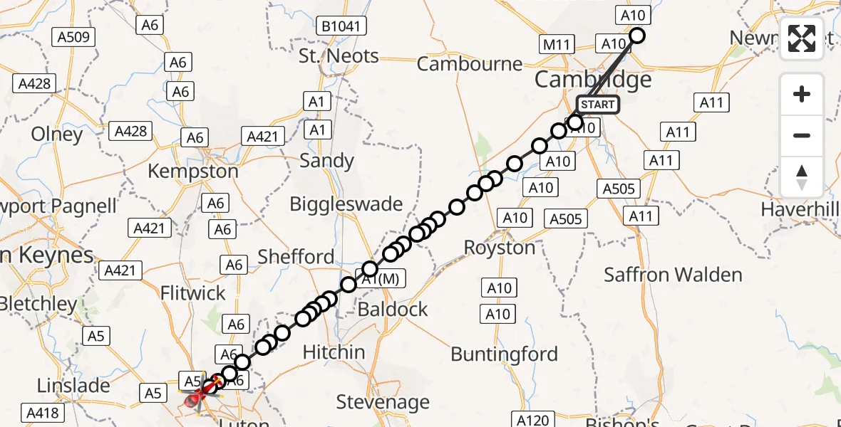 Flight route Air Ambulance Helicopter Cambridge - Sundon Park, 30 June 2026, 10:34