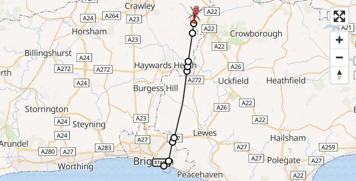Flight route Air Ambulance Helicopter Brighton - Wealden, 30 June 2026, 10:38
