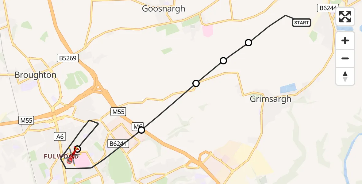 Flight route Air Ambulance Helicopter Preston - Broughton, 30 June 2026, 10:39