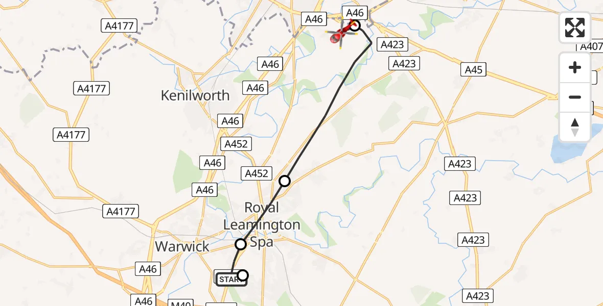 Flight route Air Ambulance Helicopter Warwick - Coventry Airport, 30 June 2026, 10:42