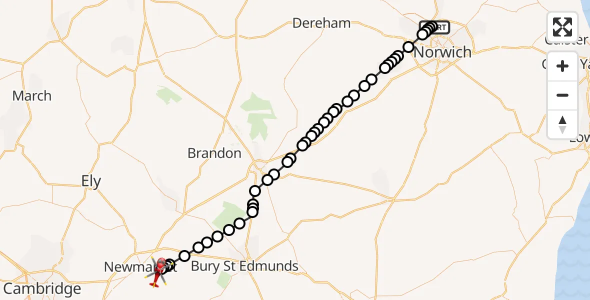 Flight route Air Ambulance Helicopter Norwich Airport - Cheveley, 30 June 2026, 11:01