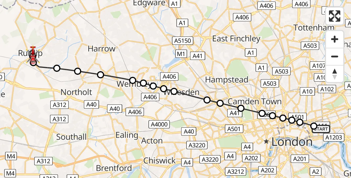 Flight route Air Ambulance Helicopter Royal London Hospital - Ruislip, 30 June 2026, 11:08