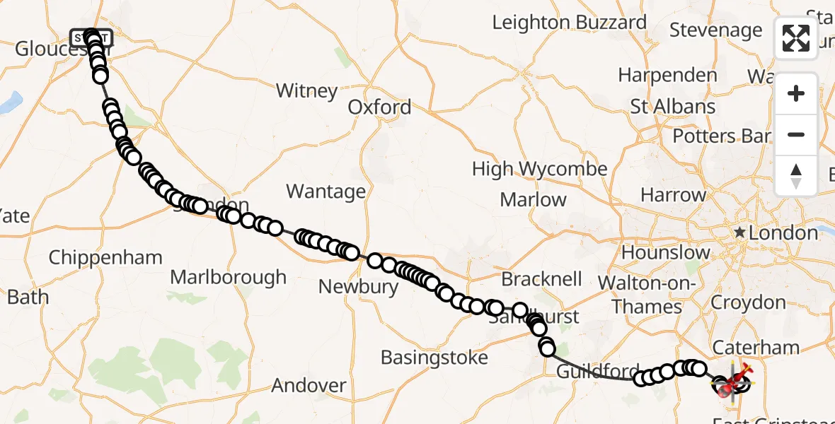 Flight route Air Ambulance Helicopter Gloucestershire Airport - Redhill Aerodrome, 30 June 2026, 11:14