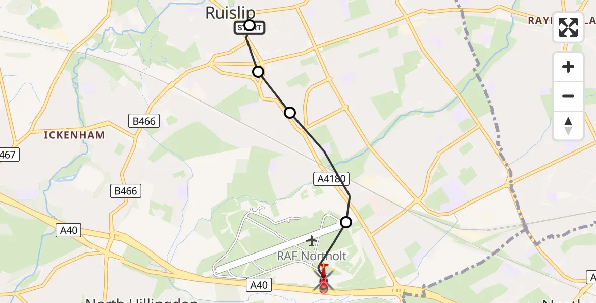 Flight route Air Ambulance Helicopter Churchfield Gardens - RAF Northolt, 30 June 2026, 11:35
