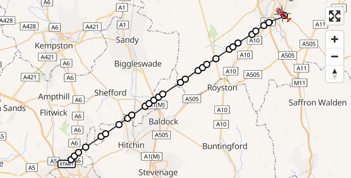 Flight route Air Ambulance Helicopter Marsh Farm - Addenbrooke's Hospital Helipad, 30 June 2026, 11:37