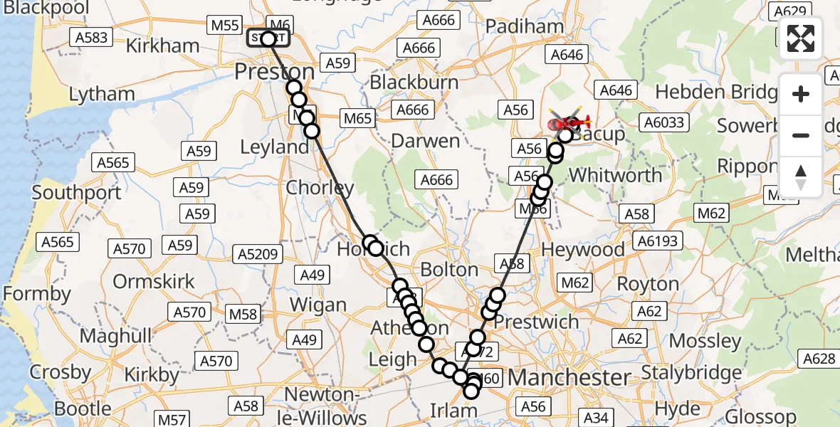 Flight route Air Ambulance Helicopter Royal Preston - Sagar Holme, 30 June 2026, 11:42