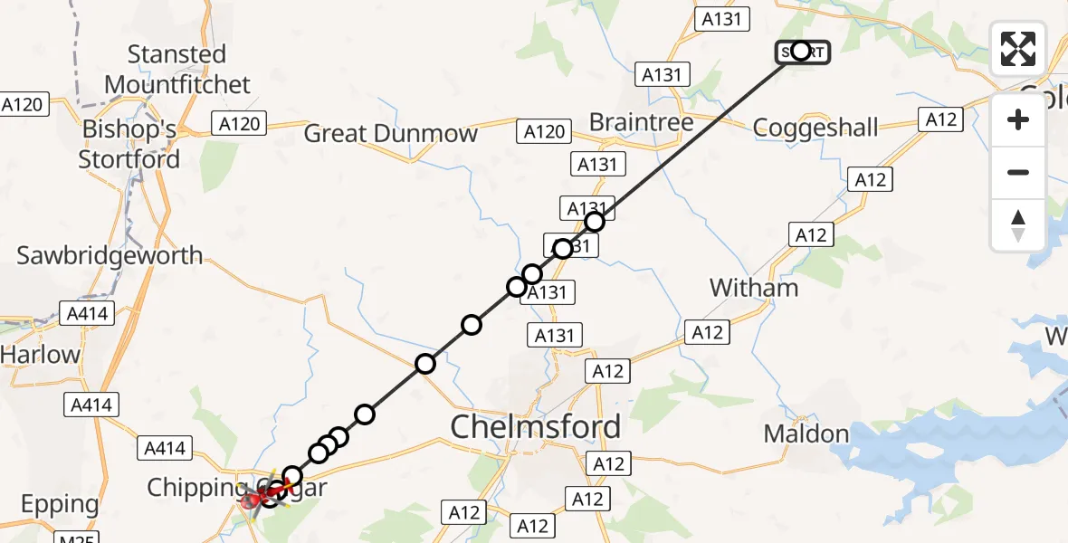 Flight route Air Ambulance Helicopter Earls Colne Airfield - High Ongar, 30 June 2026, 11:50