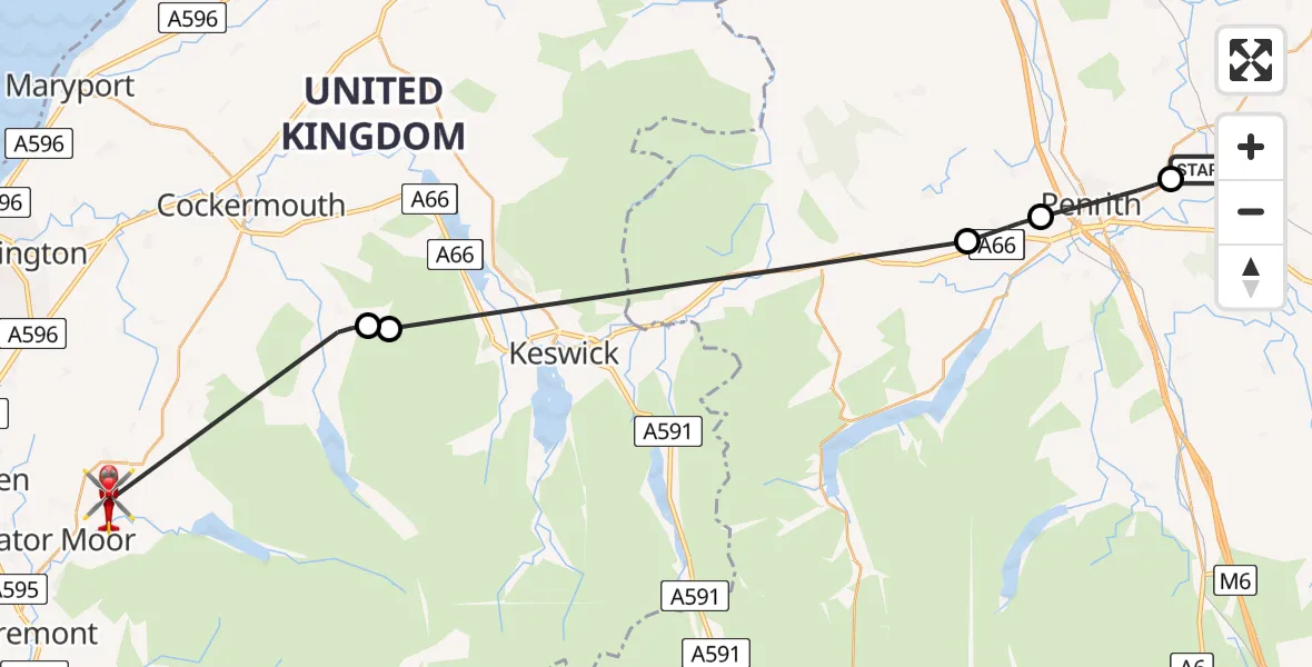 Flight route Air Ambulance Helicopter Edenhall - Lamplugh, 30 June 2026, 11:55