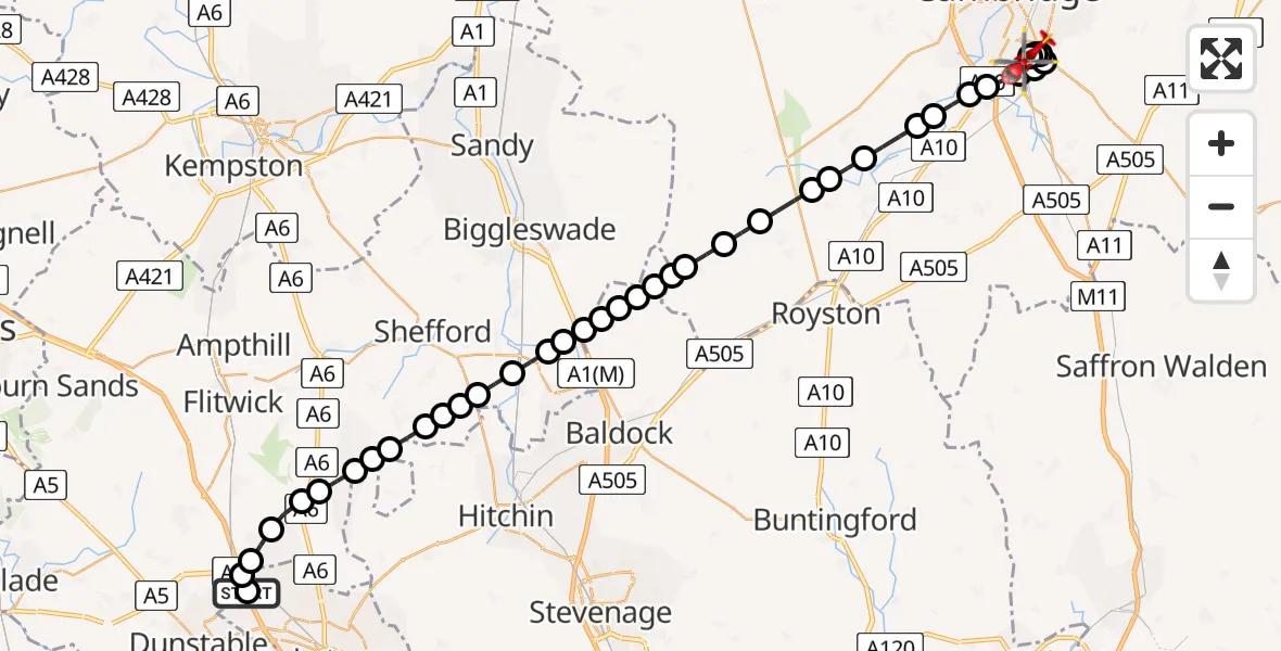 Flight route Air Ambulance Helicopter Chalton - Papworth Hospital, 30 June 2026, 11:56