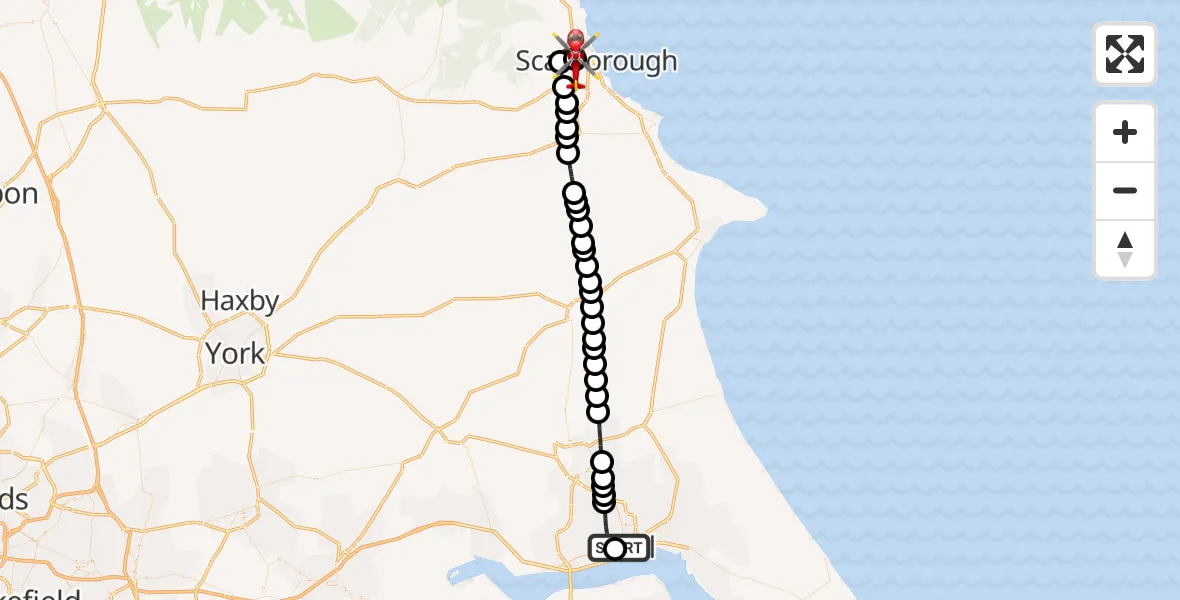 Flight route Air Ambulance Helicopter Hull Royal Infirmary - Scarborough, 30 June 2026, 11:56