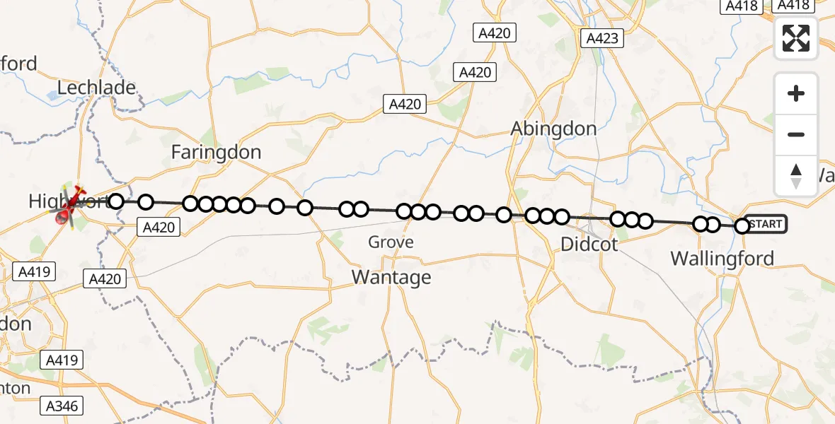 Flight route Air Ambulance Helicopter RAF Benson - Highworth, 30 June 2026, 11:56