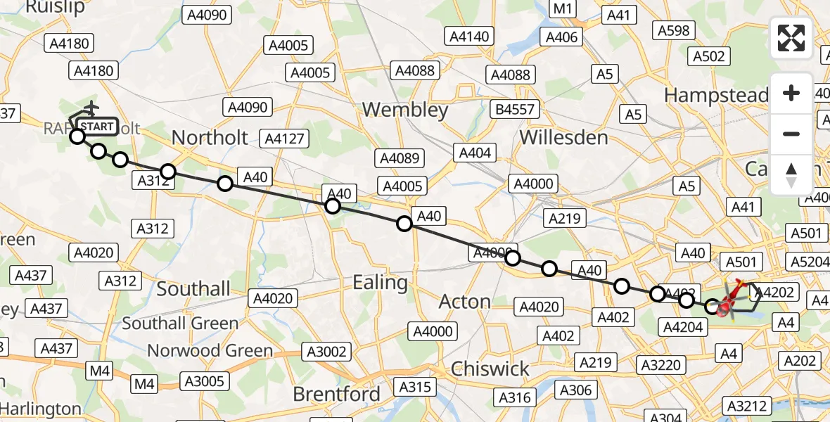 Flight route Air Ambulance Helicopter RAF Northolt - City of Westminster, 30 June 2026, 11:57