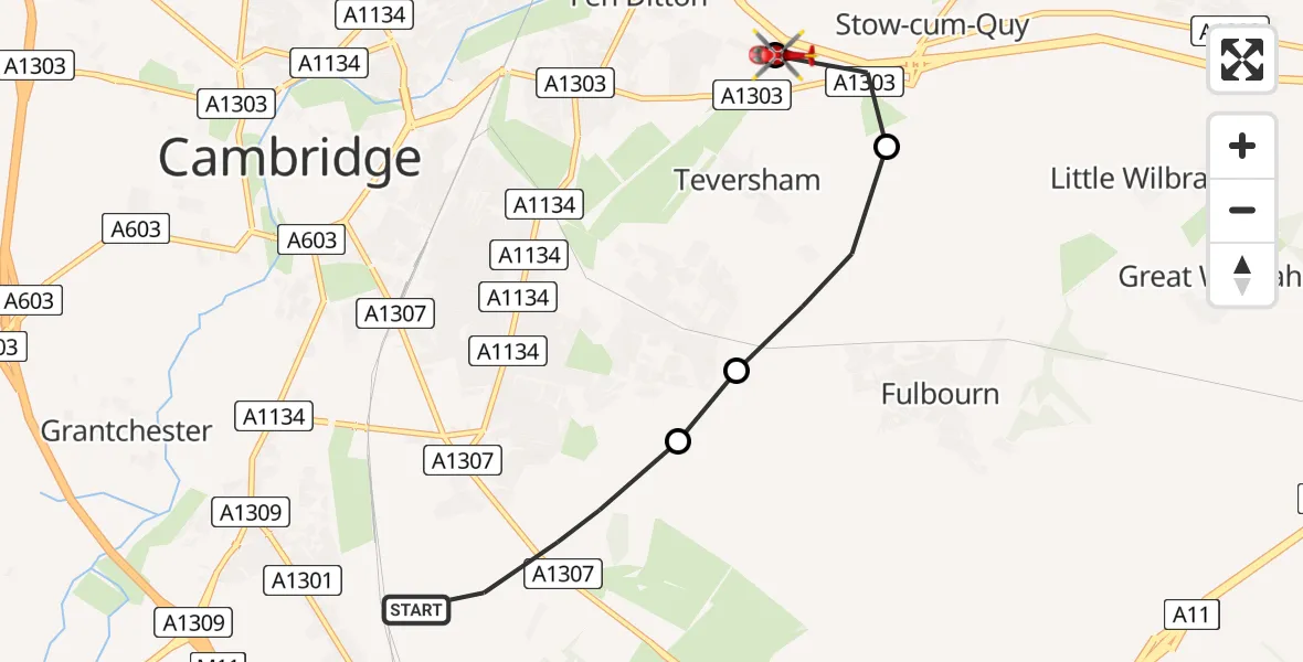 Flight route Air Ambulance Helicopter Great Shelford - Fen Ditton, 30 June 2026, 12:04