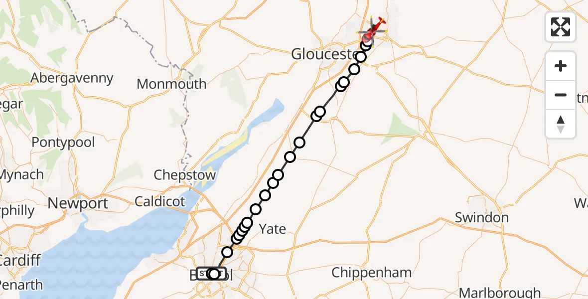 Flight route Air Ambulance Helicopter Bristol Royal Infirmary - Cheltenham, 30 June 2026, 12:04