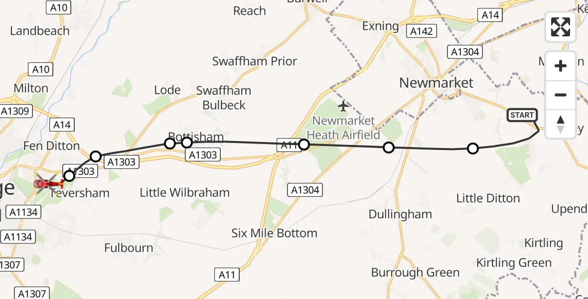 Flight route Air Ambulance Helicopter Cheveley - Cambridge City Airport, 30 June 2026, 12:05