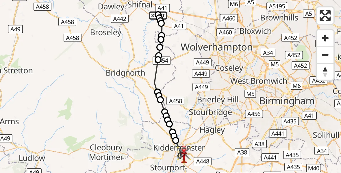Flight route Air Ambulance Helicopter RAF Cosford - Kidderminster, 30 June 2026, 12:11