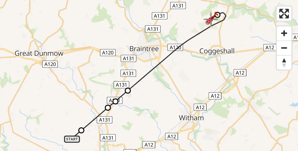 Flight route Air Ambulance Helicopter Chelmsford - Earls Colne Airfield, 30 June 2026, 12:35