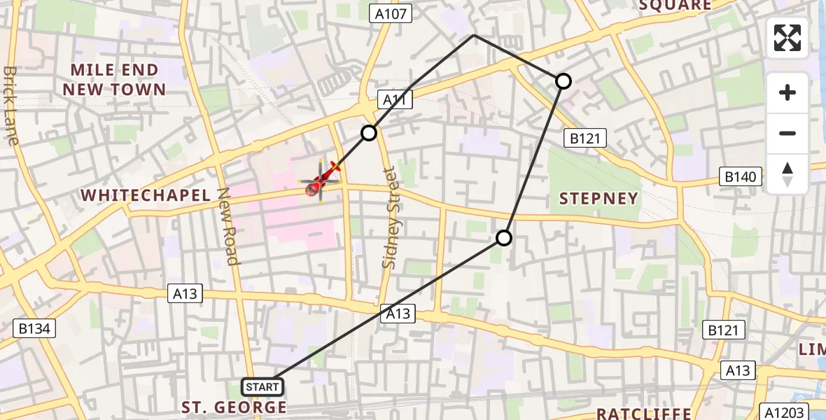 Flight route Air Ambulance Helicopter Wapping - Royal London Hospital, 30 June 2026, 12:35