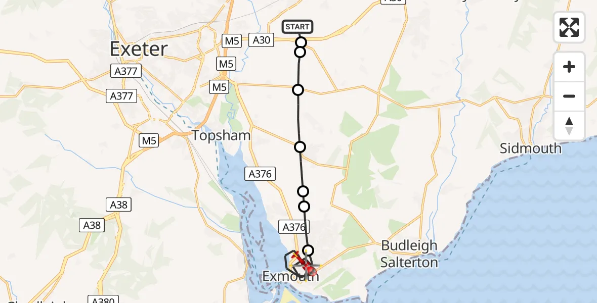 Flight route Air Ambulance Helicopter Exeter International Airport - Exmouth, 30 June 2026, 12:41