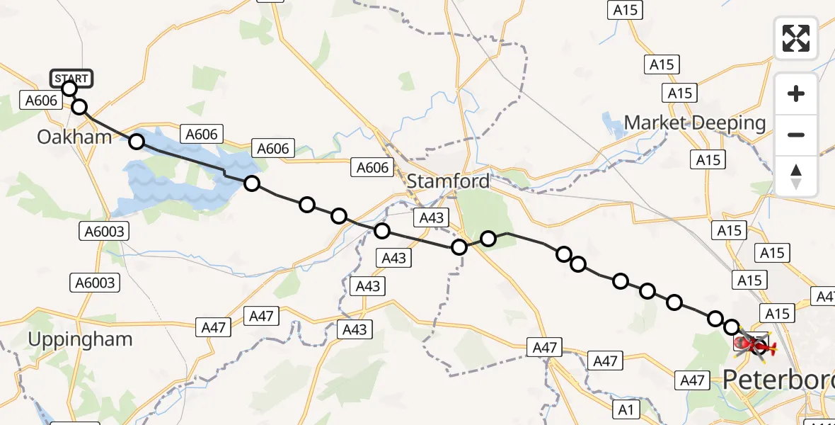 Flight route Air Ambulance Helicopter Langham - Peterborough City Hospital, 30 June 2026, 12:47