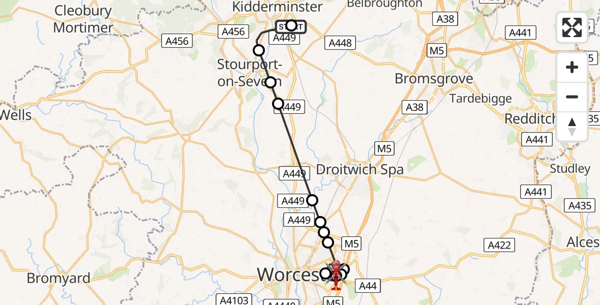 Flight route Air Ambulance Helicopter Kidderminster - Worcester-Royal-Hospital Heliport, 30 June 2026, 12:50
