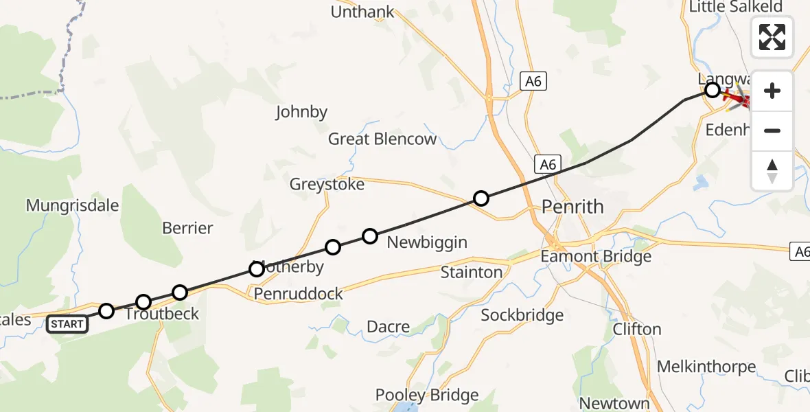 Flight route Air Ambulance Helicopter Mungrisdale - Edenhall, 30 June 2026, 13:00