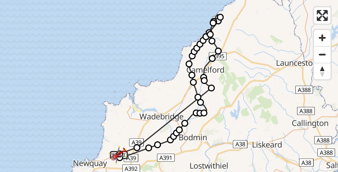 Flight route Air Ambulance Helicopter Cornwall Airport Newquay - Cornwall Airport Newquay, 30 June 2026, 13:03