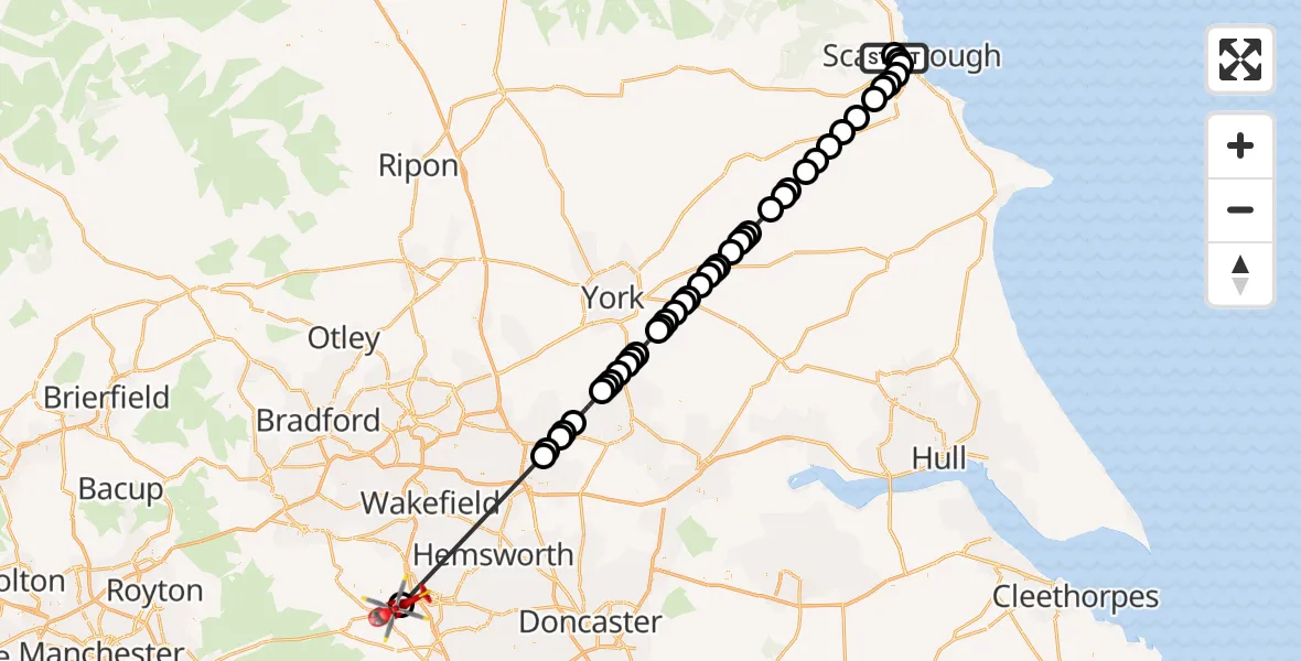 Flight route Air Ambulance Helicopter Newby - Barnsley, 30 June 2026, 13:03