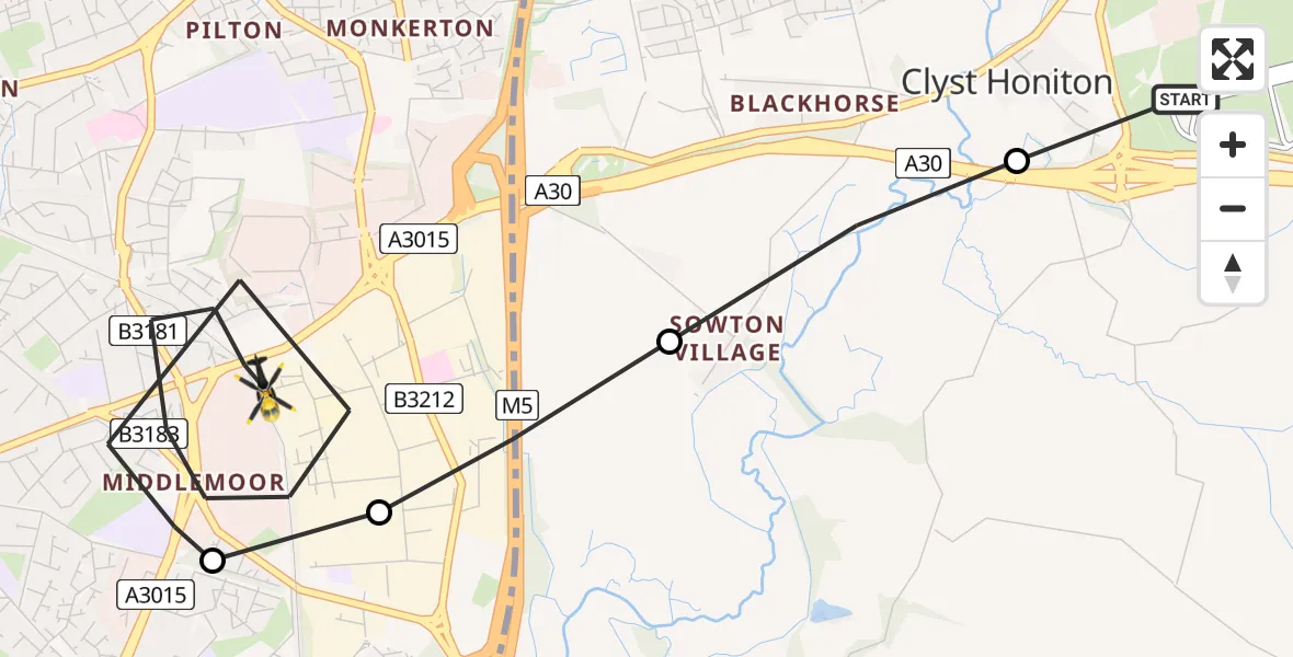 Flight route Police Helicopter Exeter International Airport - Exeter, 30 June 2026, 13:10