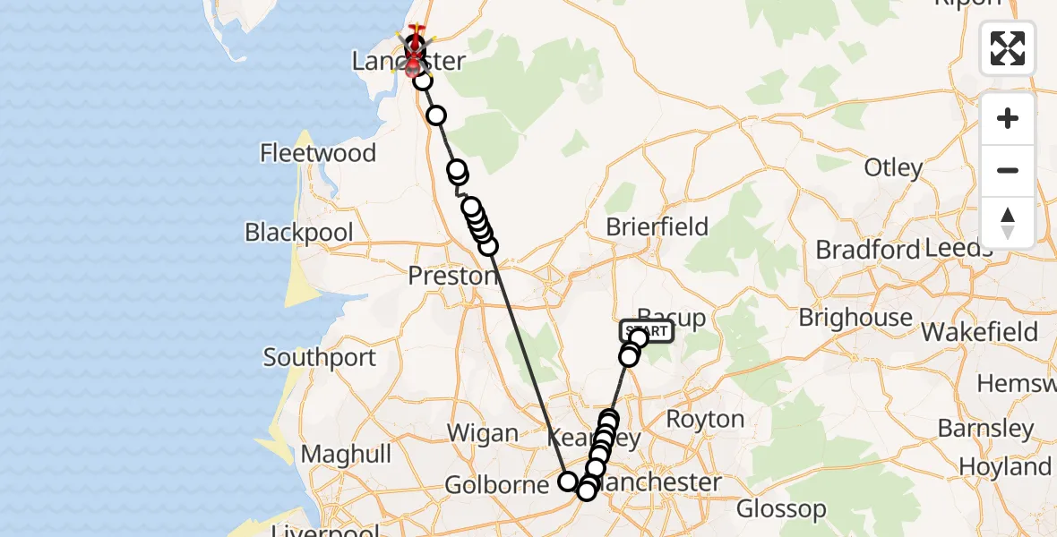 Flight route Air Ambulance Helicopter Hugh Mill - Lancaster, 30 June 2026, 13:13