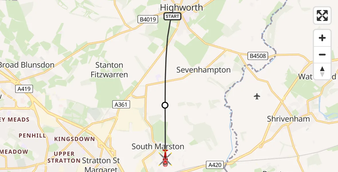 Flight route Air Ambulance Helicopter Highworth - South Marston, 30 June 2026, 13:22