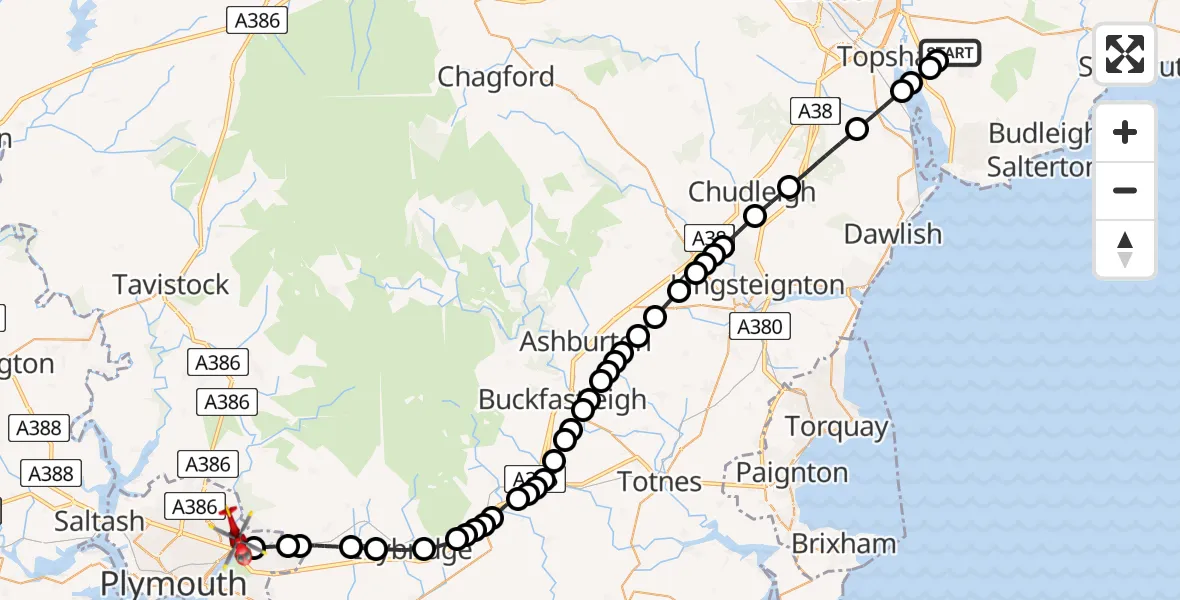 Flight route Air Ambulance Helicopter Woodbury Salterton - Plympton, 30 June 2026, 13:35