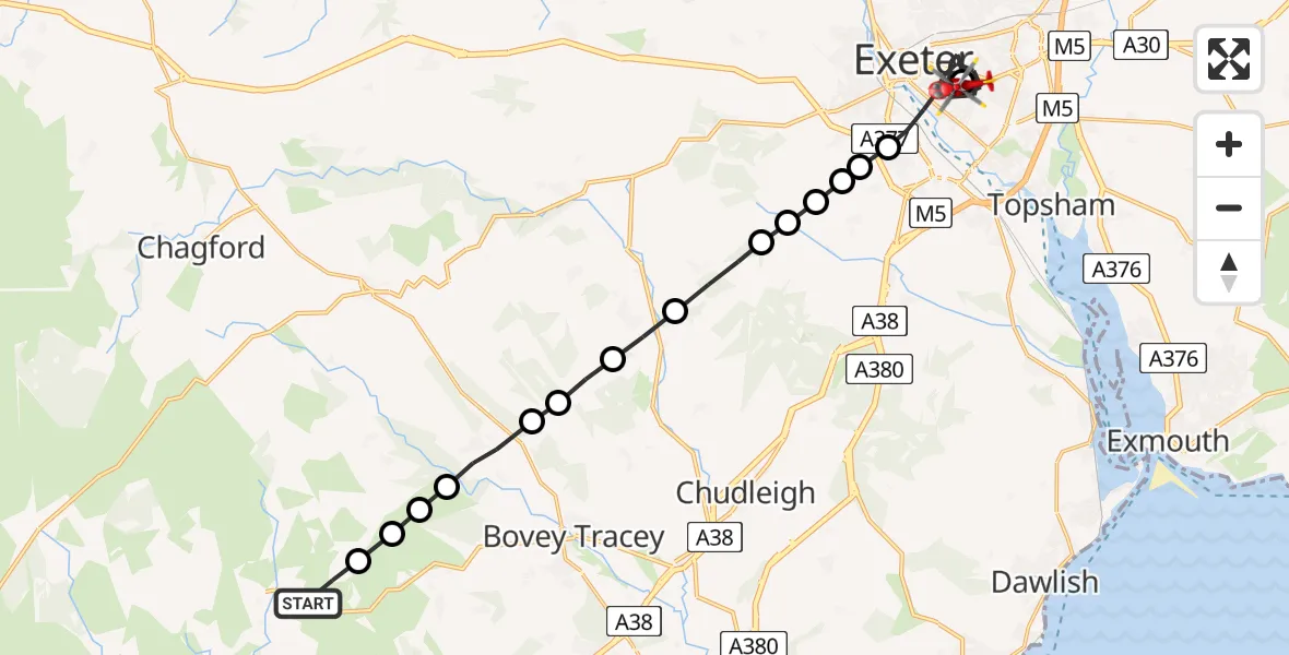 Flight route Air Ambulance Helicopter Widecombe-in-the-Moor - Royal Devon & Exeter Hospital, 30 June 2026, 13:35