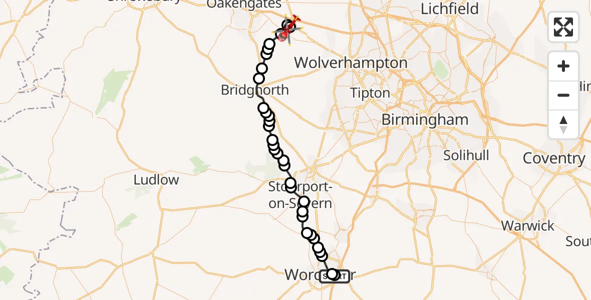 Flight route Air Ambulance Helicopter Worcester Royal Hospital - Cosford, 30 June 2026, 13:36