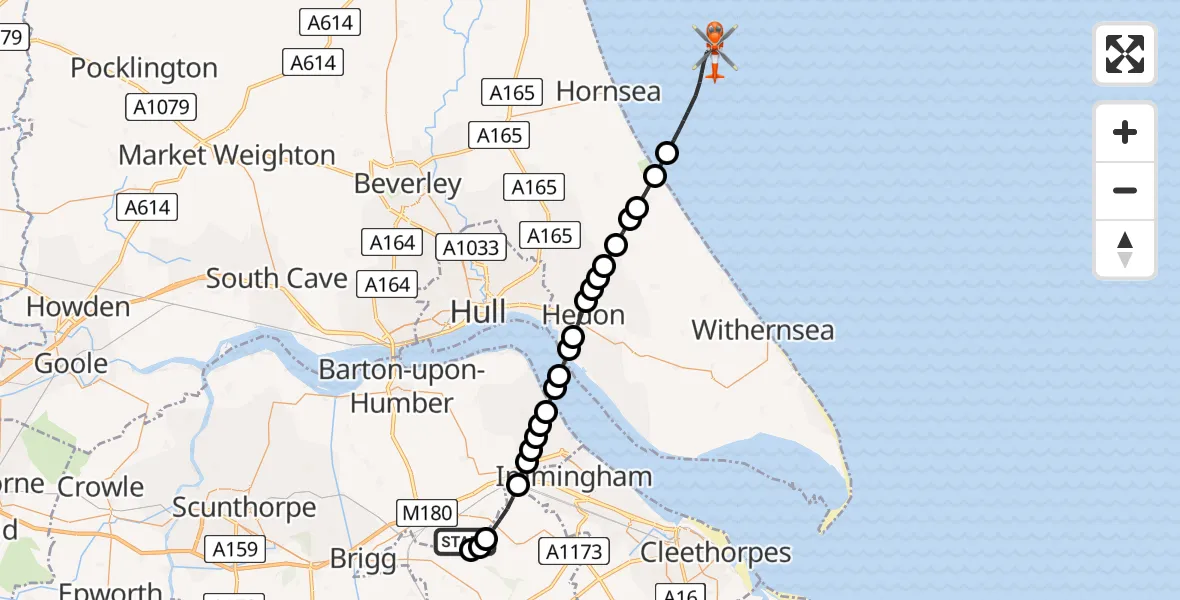 Flight route Coastguard Helicopter Humberside Airport - North Sea, 30 June 2026, 13:38