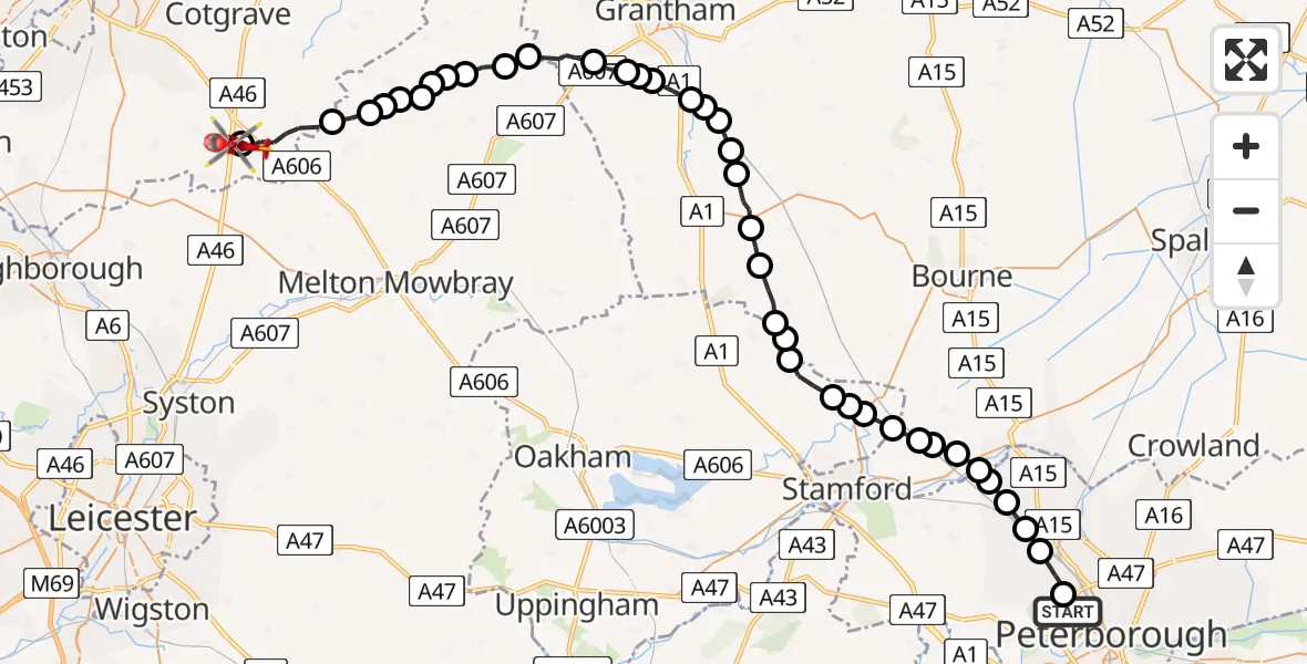 Flight route Air Ambulance Helicopter Peterborough City Hospital - Nottingham Heliport, 30 June 2026, 13:45