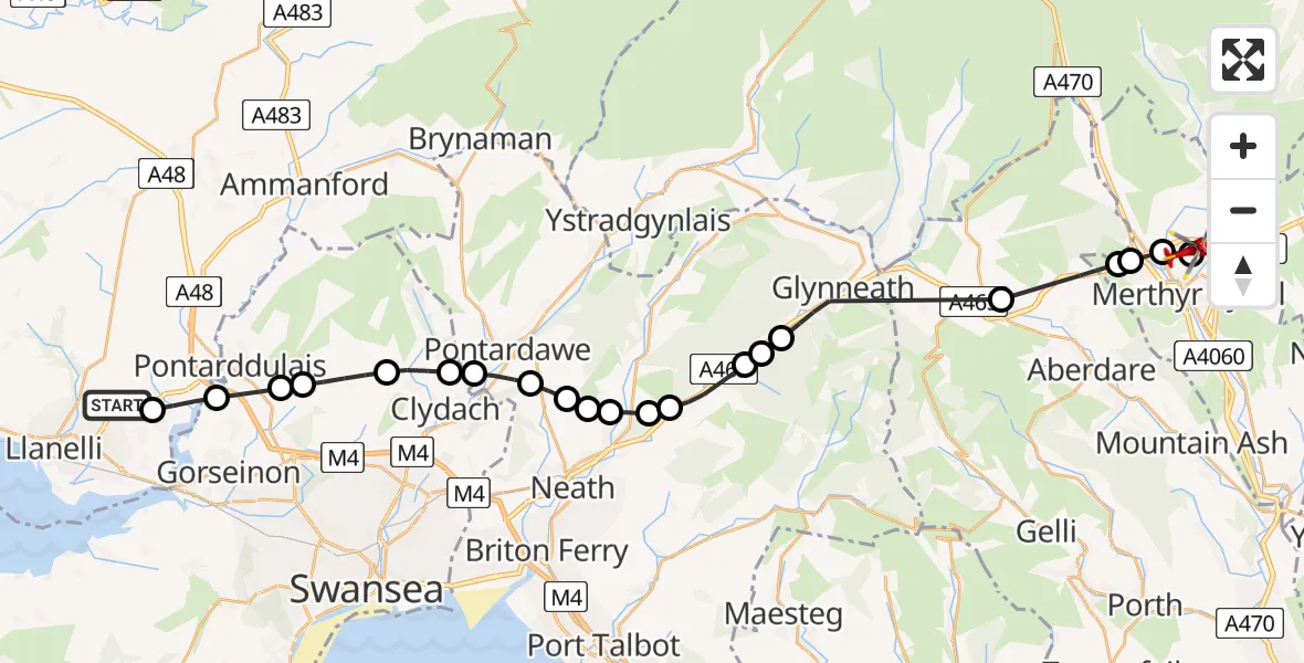 Flight route Air Ambulance Helicopter Dafen - Merthyr Tydfil, 30 June 2026, 13:48