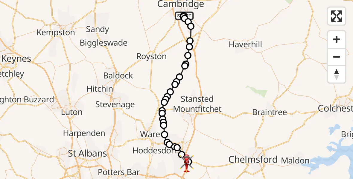 Flight route Air Ambulance Helicopter Papworth Hospital - North Weald Airfield, 30 June 2026, 13:49