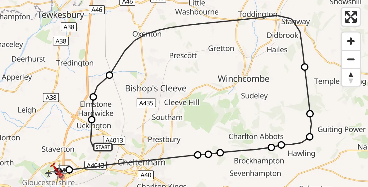 Flight route Air Ambulance Helicopter Cheltenham - Gloucestershire Airport, 30 June 2026, 13:49