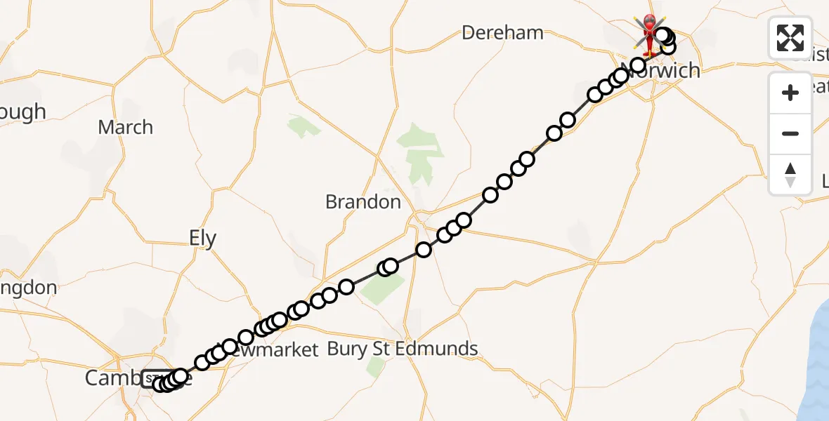 Flight route Air Ambulance Helicopter Cambridge City Airport - Norwich Airport, 30 June 2026, 13:52