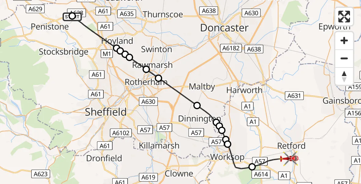 Flight route Air Ambulance Helicopter Barnsley - Bassetlaw, 30 June 2026, 13:54