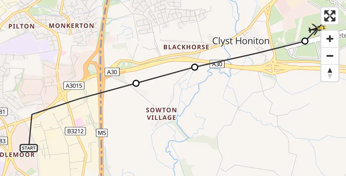 Flight route Police Helicopter Exeter - Exeter International Airport, 30 June 2026, 14:05