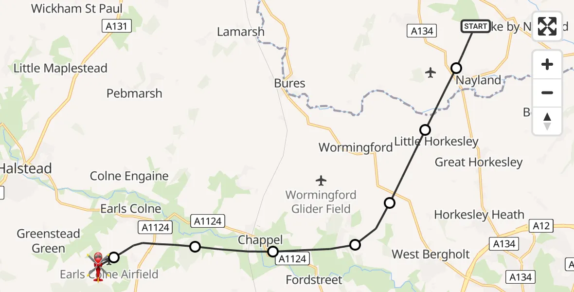 Flight route Air Ambulance Helicopter Stoke-by-Nayland - Earls Colne Airfield, 30 June 2026, 14:06