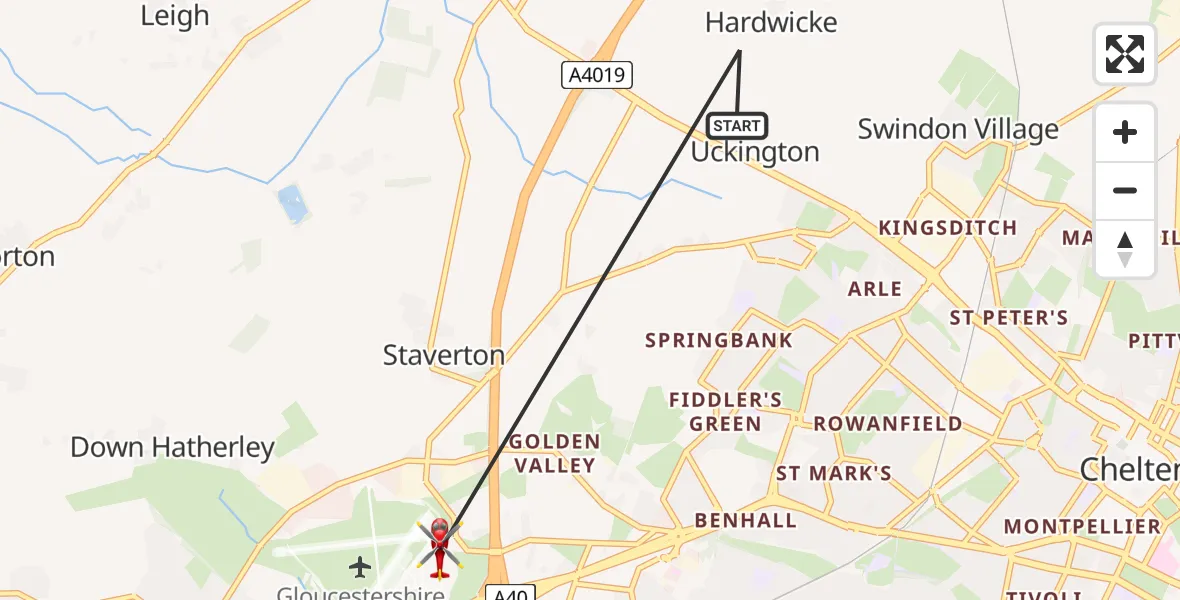 Flight route Air Ambulance Helicopter Tewkesbury - Tewkesbury, 30 June 2026, 14:07