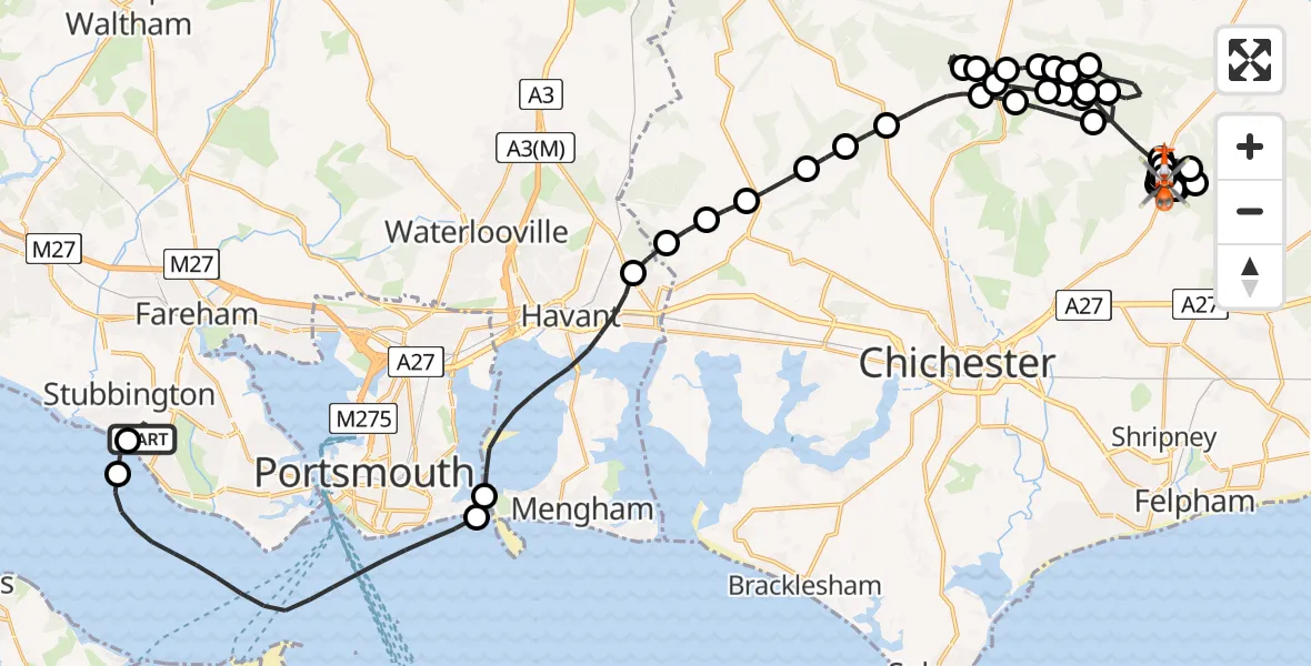 Flight route Coastguard Helicopter Solent Airport - Chichester, 30 June 2026, 14:10